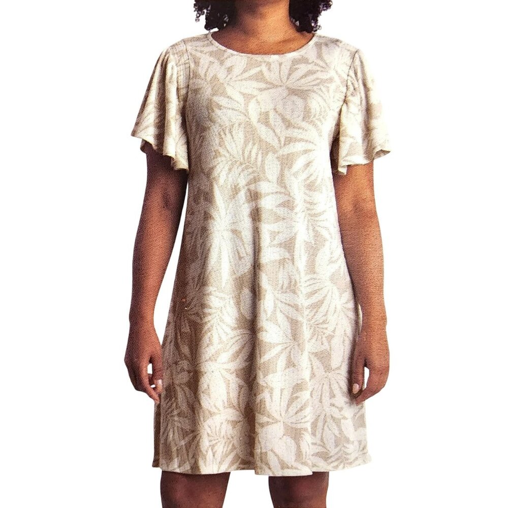 Ecothreads Small Tropical Palm A-line Short Flutter Sleeve Summer Mini Dress Tan
